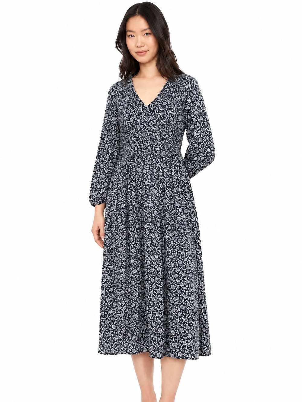 Madewell Smocked V-Neck Floral Midi Navy/White Dress Long Sleeve Size XL